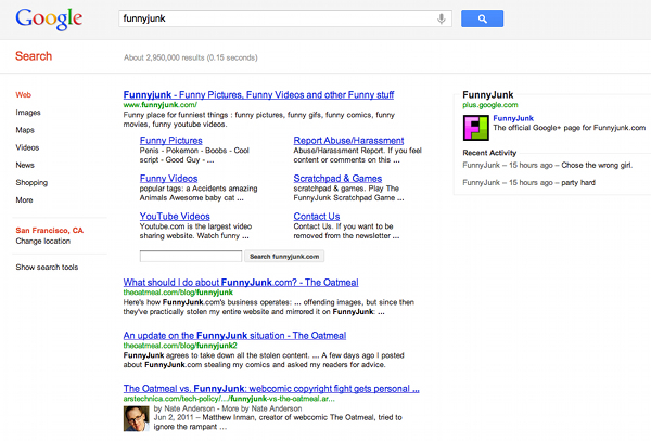 FunnyJunk search on Google shows 2 Oatmeal pages ranking #2 & #3