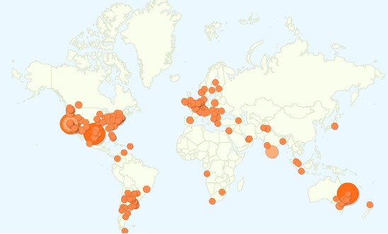 City map for HackerNews visits to Slashdot