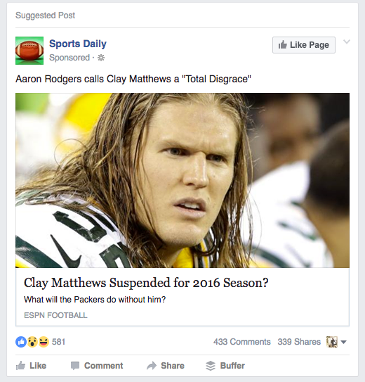Clay Matthews Facebook deceptive ad